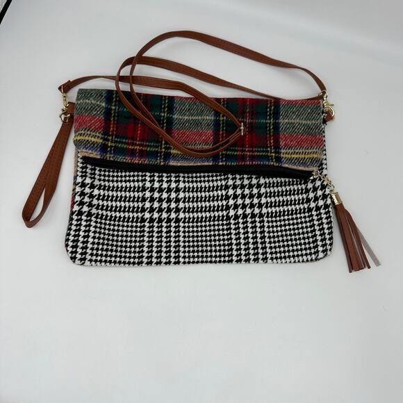 Houndstooth and Flannel Long Fold Over Snap Closure Crossbody Purse - Small - Picture 1 of 11